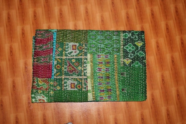 Patola Silk Patchwork Kantha Quilt, Handmade Bedspread, 90x108 Inches - image 1