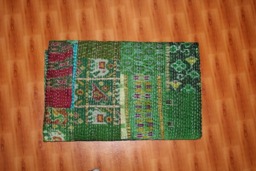 Patola Silk Patchwork Kantha Quilt, Handmade Bedspread, 90x108 Inches - thumbnail 1