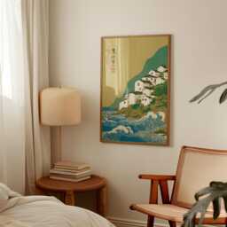 Japanese Coastal Village Poster - Gold Green Woodblock Landscape Vintage Seaside Wall Art - thumbnail 2