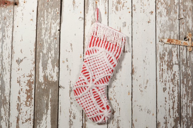 Red & White Fluffy Vintage Chenille Christmas Stocking With Matching Trim - Wedding Ring, Flower - image 1