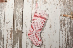 Red & White Fluffy Vintage Chenille Christmas Stocking With Matching Trim - Wedding Ring, Flower - thumbnail 1