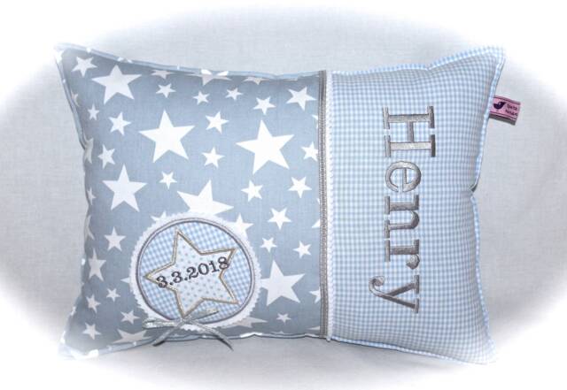 Name Pillow Cuddly Light Blue Stars Vichy Check For Boys Christening Gift Birth Baptism - image 1