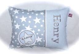 Name Pillow Cuddly Light Blue Stars Vichy Check For Boys Christening Gift Birth Baptism - thumbnail 1