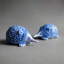 Blue & White Ceramic Hedgehog Figurine Small Miniature Collectible Pottery Home Decor Gift - thumbnail 2