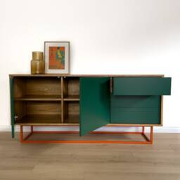 Solid Oak Modern Sideboard, Green & Orange Designer Cabinet, Credenza, Handmade Furniture - thumbnail 3