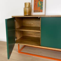 Solid Oak Modern Sideboard, Green & Orange Designer Cabinet, Credenza, Handmade Furniture - thumbnail 2