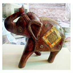 Brass Fitted Wooden Elephant Statue Trunk Up Decor - thumbnail 2