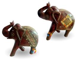 Brass Fitted Wooden Elephant Statue Trunk Up Decor