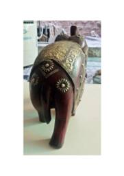 Brass Fitted Wooden Elephant Statue Trunk Up Decor - thumbnail 4