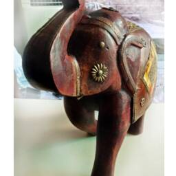 Brass Fitted Wooden Elephant Statue Trunk Up Decor - thumbnail 3