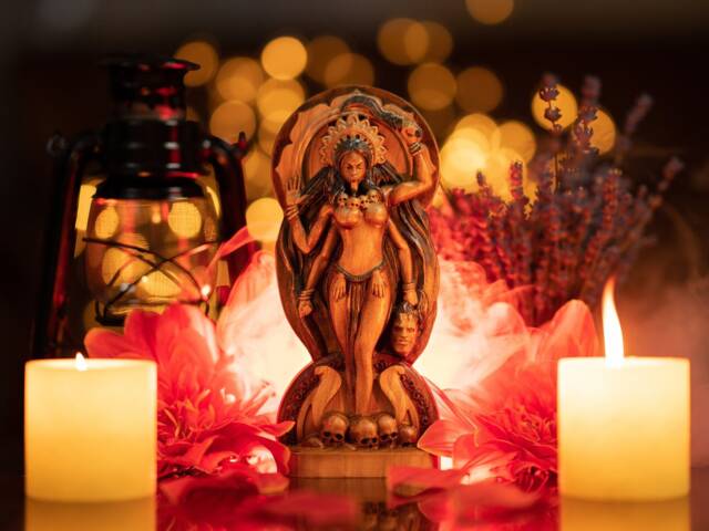 Carved Ash Wood Kali Statue Hindu Goddess Of Renewal, 9 Inches Tall - image 1