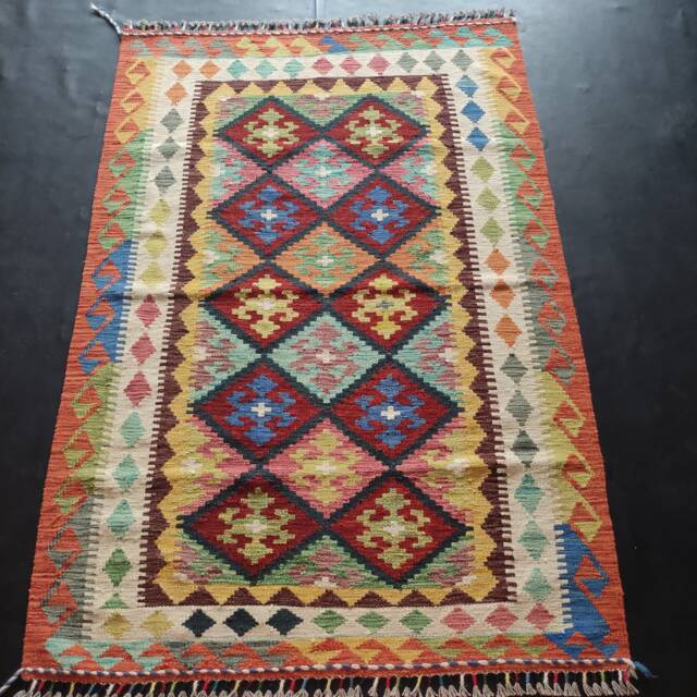 Kilim Rug Classic, Handmade Artisan Afghan Turkish Aztec Geometric Wool 187x125 cm - image 1