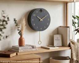 Minimalist Cuckoo Clock - Modern Wooden Wall Clock, Scandinavian Home Decor, Anthracite With Brass Details - thumbnail 1