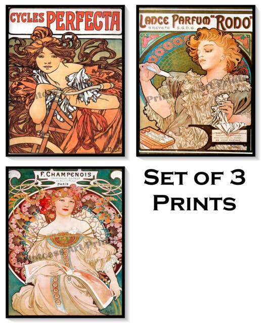 Alphonse Mucha Art Prints, Set Of 3, Nouveau French Ads - image 1