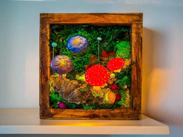 Glowing Mushroom Moss Wall Art, Crystals, Cottage Lamp, Rustic Wood Frame - image 1