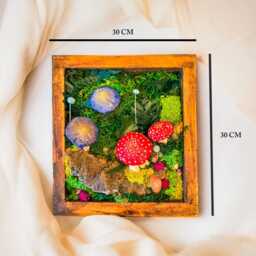 Glowing Mushroom Moss Wall Art, Crystals, Cottage Lamp, Rustic Wood Frame - thumbnail 4