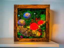 Glowing Mushroom Moss Wall Art, Crystals, Cottage Lamp, Rustic Wood Frame - thumbnail 1