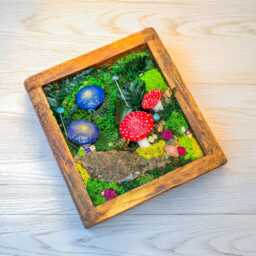 Glowing Mushroom Moss Wall Art, Crystals, Cottage Lamp, Rustic Wood Frame - thumbnail 3
