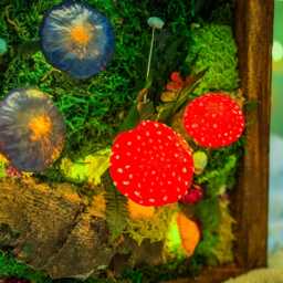 Glowing Mushroom Moss Wall Art, Crystals, Cottage Lamp, Rustic Wood Frame - thumbnail 2