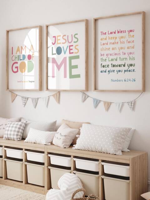 Set Of 3 Bible Verse Prints, Christian Wall Art, Girls Bedroom, Boys Rainbow Toddler, Christening Gift, Sunday School - image 1