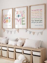 Set Of 3 Bible Verse Prints, Christian Wall Art, Girls Bedroom, Boys Rainbow Toddler, Christening Gift, Sunday School - thumbnail 1