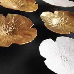 Handmade Porcelain Flower Wall Art, Gold & White Ceramic Sculpture, Set Of 5 - thumbnail 3