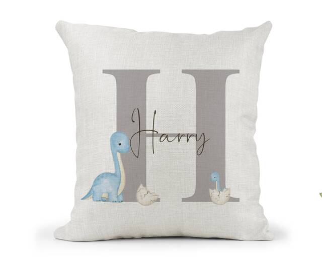 Personalised Blue Dinosaur Cushionboys Grey Name Letter Giftbedroom Decor Son Nephew Grandsongodson1st Birthday - image 1