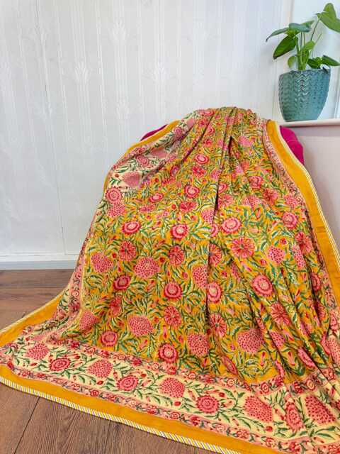 Pure Soft Cotton Indian Floral Dohar Reversible Bed/Sofa Throw Summer Quilted King Size Handprint White Mustard Peach Dahlia Bloom Garden - image 1
