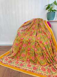 Pure Soft Cotton Indian Floral Dohar Reversible Bed/Sofa Throw Summer Quilted King Size Handprint White Mustard Peach Dahlia Bloom Garden - thumbnail 1