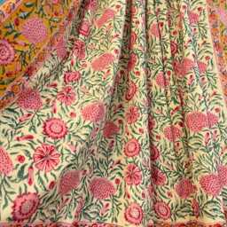 Pure Soft Cotton Indian Floral Dohar Reversible Bed/Sofa Throw Summer Quilted King Size Handprint White Mustard Peach Dahlia Bloom Garden - thumbnail 3