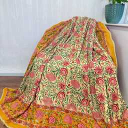 Pure Soft Cotton Indian Floral Dohar Reversible Bed/Sofa Throw Summer Quilted King Size Handprint White Mustard Peach Dahlia Bloom Garden - thumbnail 4