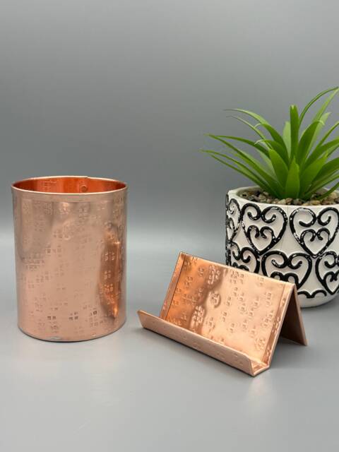 Hammered Copper Office Desk Set Business Card & Pencil Holder - image 1