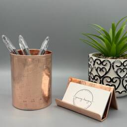 Hammered Copper Office Desk Set Business Card & Pencil Holder - thumbnail 2