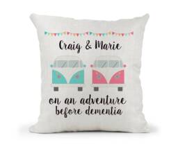 Personalised Cushion Vw Camper, Campervan Wedding Gift, His & Hers, On An Adventure Before Dementia Wedding, Anniversary Keepsake - thumbnail 1