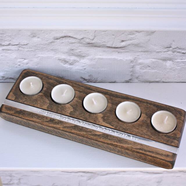 Wooden Five Tealight Holder - Personalised Rustic Wooden Candle Holder 5Th Anniversary Gift Wedding Present Candlelight - image 1