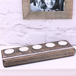 Wooden Five Tealight Holder - Personalised Rustic Wooden Candle Holder 5Th Anniversary Gift Wedding Present Candlelight - thumbnail 3