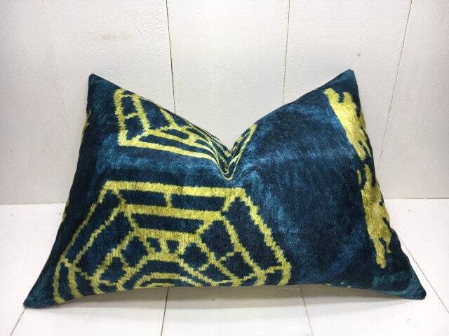 Ikat Pillow Cover 16x24, Handwoven Silk Cushion, Teal & Gold Accent - image 1