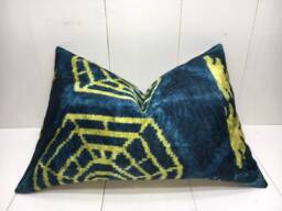 Ikat Pillow Cover 16x24, Handwoven Silk Cushion, Teal & Gold Accent