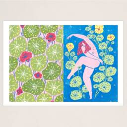Art Print Dancing Beauty Woman With Flowers, Gouache Art Print, Power - thumbnail 3