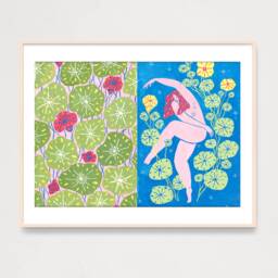 Art Print Dancing Beauty Woman With Flowers, Gouache Art Print, Power - thumbnail 1