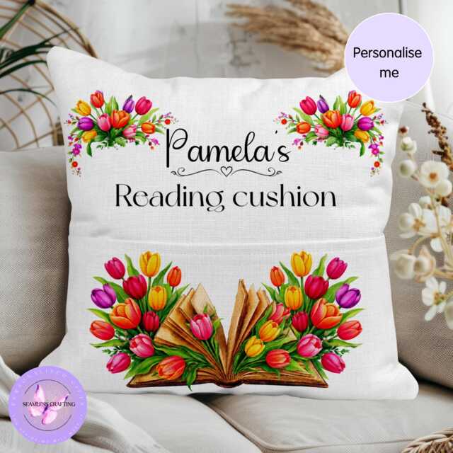 Floral Reading Cushion With Book Pocket, 40cm Linen Tulip Design - image 1