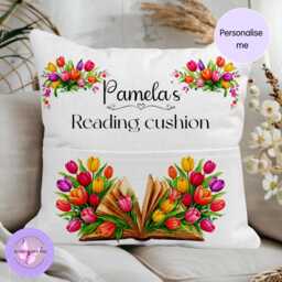 Floral Reading Cushion With Book Pocket, 40cm Linen Tulip Design - thumbnail 1