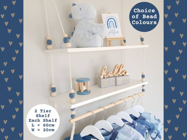 2 Tier Nursery Shelf With Clothes Rail, White Double Swing Rope Shelf, Shelves Hanging Boho Decor - image 1