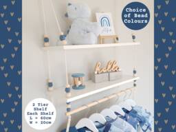 2 Tier Nursery Shelf With Clothes Rail, White Double Swing Rope Shelf, Shelves Hanging Boho Decor