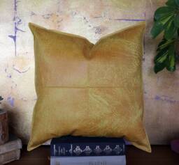 Yellow Vegan Leather Pillow Piecewise Design, Scandinavian Home Decor - 16x16 Inch