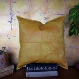 Yellow Vegan Leather Pillow Piecewise Design, Scandinavian Home Decor - 16x16 Inch - thumbnail 3