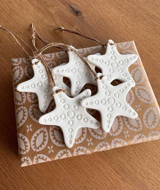 3/5 White Clay Starfish, Coastal Christmas, Polymer Tree Decorations, Crustaceancore, Nautical Handmade Ornaments - image 1
