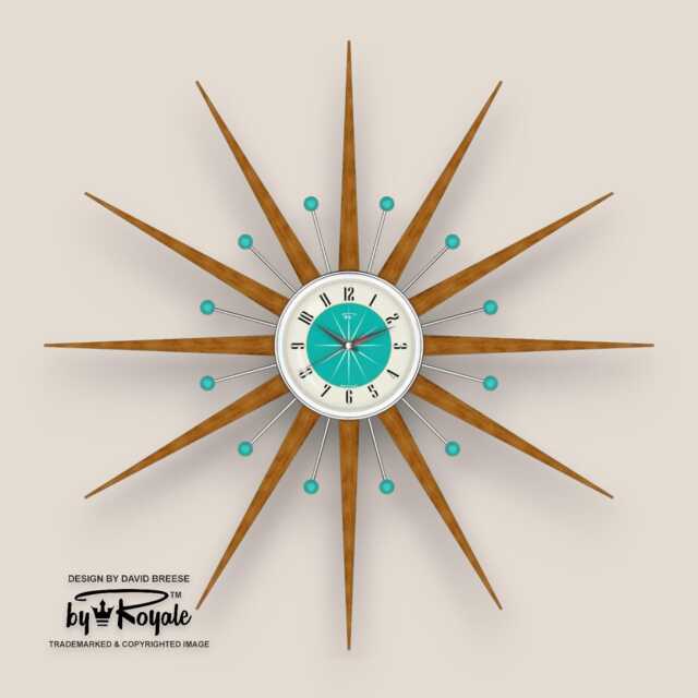 Teak Starburst Clock Mid Century Modern Wall Decor, 30 - image 1