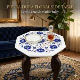 Octagonal White Marble Side Table Lapis Lazuli Floral Inlay - thumbnail 1