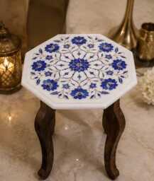 Octagonal White Marble Side Table Lapis Lazuli Floral Inlay - thumbnail 3